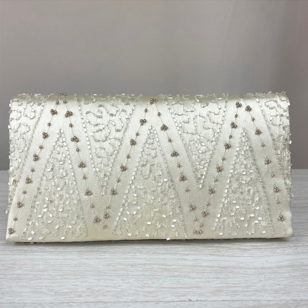 Vintage MAGID Ivory Satin Beaded‎ Clutch Bridal Spring Coquette 4.5x8.75 Purse
